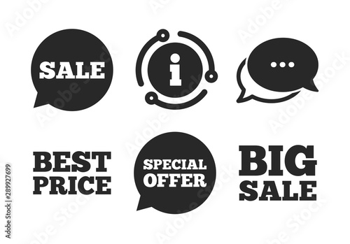 Special offer speech bubbles symbols. Chat, info sign. Sale icons. Big sale and best price shopping signs. Classic style speech bubble icon. Vector