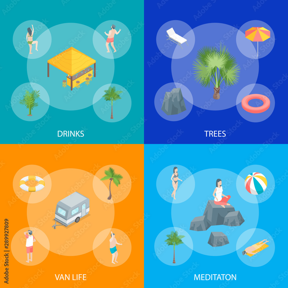 Beach Rest Concept Banner Set 3d Isometric View. Vector