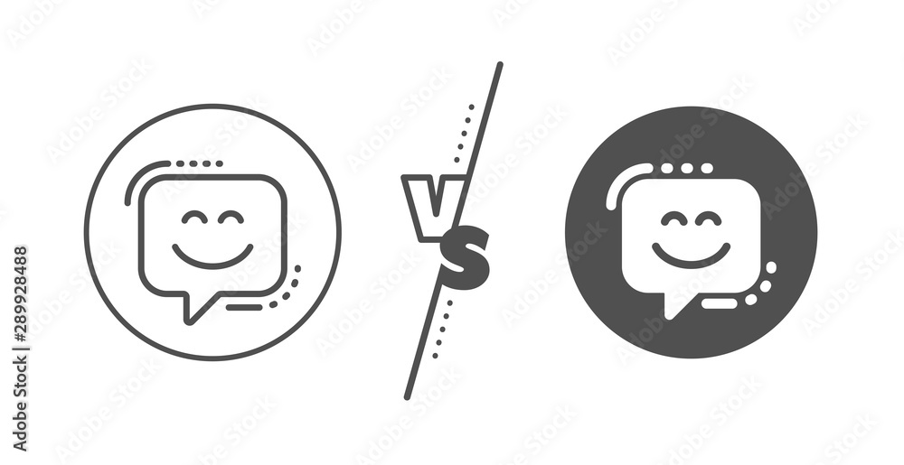 Happy emoticon chat sign. Versus concept. Smile face line icon. Speech bubble symbol. Line vs classic smile face icon. Vector