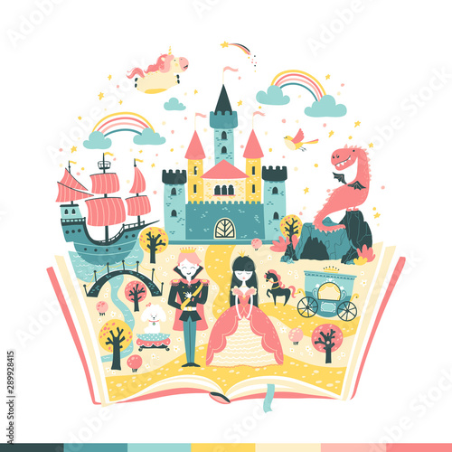 The magic book is a fairy tale. The story of the princess and the prince. The magic kingdom. Vetoonaya illustration in simple hand-drawn Scandinavian style