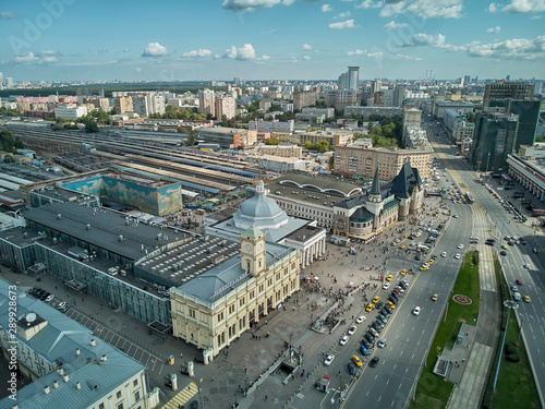Moscow top view at the Komsomolskaya square, also known as the square of three railway stations. Aerial drone view photo