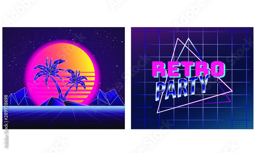 Retro future, slogan give me back 80's, futuristic landscape, mountains. Sci-Fi Background. 80s Party Background. Retro Wave music album cover template with sun, space, mountains