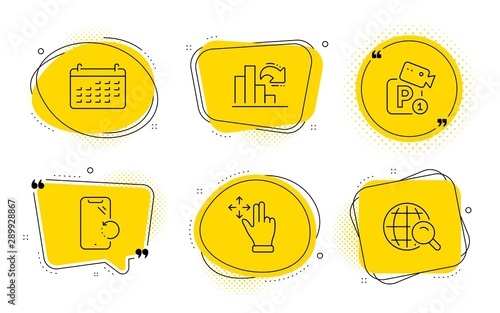 Move gesture, Parking security and Internet search signs. Chat bubbles. Decreasing graph, Smartphone recovery and Calendar line icons set. Column chart, Phone repair, Business audit. Swipe. Vector