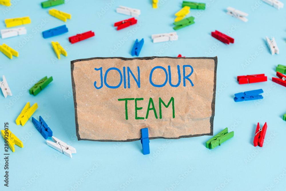 Handwriting text writing Join Our Team. Conceptual photo inviting someone to join in your local group or company Colored clothespin papers empty reminder blue floor background office pin Handwriting text writing Join Our Team. Conceptual photo inviting someone to join in your local group or company Colored clothespin papers empty reminder blue floor background office pin