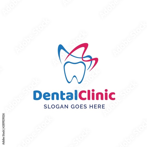 Dental clinic dentistry logo design with white teeth and colorful butterfly wings illustration