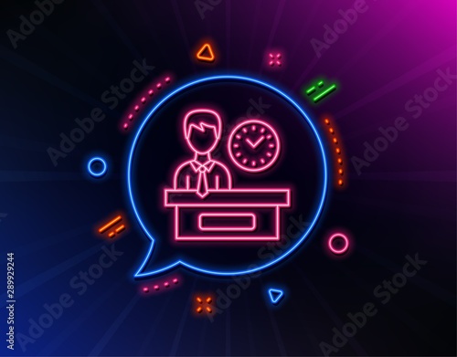 Presentation time line icon. Neon laser lights. Watch sign. Glow laser speech bubble. Neon lights chat bubble. Banner badge with presentation time icon. Vector