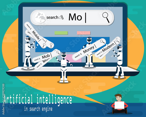 Flat design concept of search engine and artificial intelligence robots,Young man is searching data from laptop and internet,Artificial intelligence technology,vector illustration