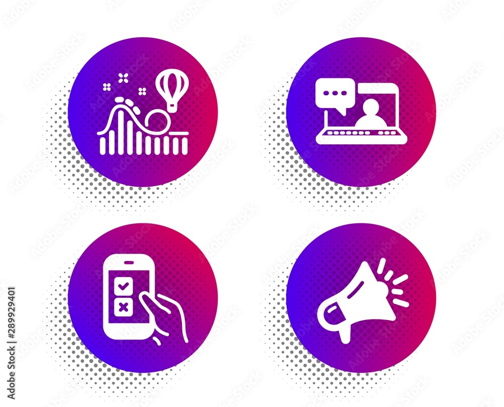 Friends chat, Roller coaster and Mobile survey icons simple set. Halftone dots button. Megaphone sign. Message, Attraction park, Phone quiz test. Brand advertisement. Technology set. Vector