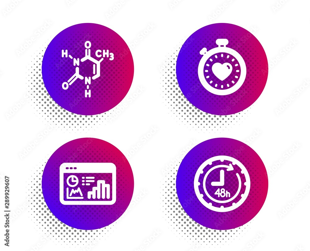 Chemical formula, Heartbeat timer and Seo statistics icons simple set. Halftone dots button. 48 hours sign. Chemistry, Love stopwatch, Analytics chart. Delivery service. Technology set. Vector Chemical formula, Heartbeat timer and Seo statistics icons simple set. Halftone dots button. 48 hours sign. Chemistry, Love stopwatch, Analytics chart. Delivery service. Technology set. Vector