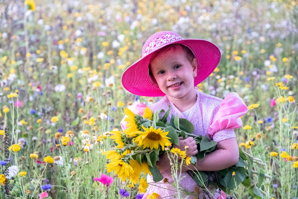 Little girl, a child in a pink dress and a pink hat on the field with flowers. Happiness and joy of childhood. Summer countryside Little girl, a child in a pink dress and a pink hat on the field with flowers. Happiness and joy of childhood. Summer countryside
