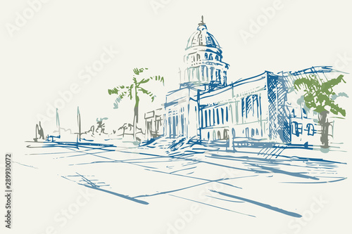 Rysynek ręcznie rysowany. Widok ulicy w Hawanie na Kubie