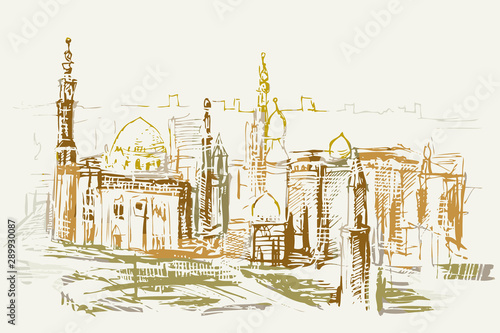 Rysynek ręcznie rysowany. Historyczna dzielnica w Kairze w Egipcie w wersji kolorowej