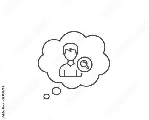 Search User line icon. Chat bubble design. Profile Avatar with Magnifying glass sign. Male Person silhouette symbol. Outline concept. Thin line search people icon. Vector
