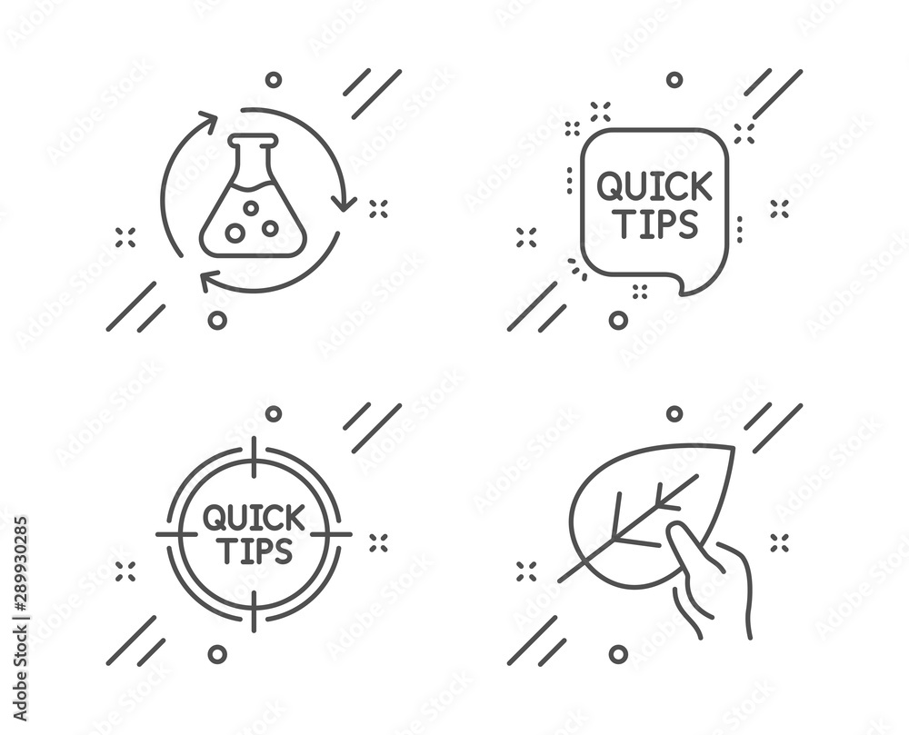 Chemistry experiment, Tips and Quick tips line icons set. Organic tested sign. Laboratory flask, Quick tricks, Helpful tricks. Paraben. Science set. Line chemistry experiment outline icon. Vector