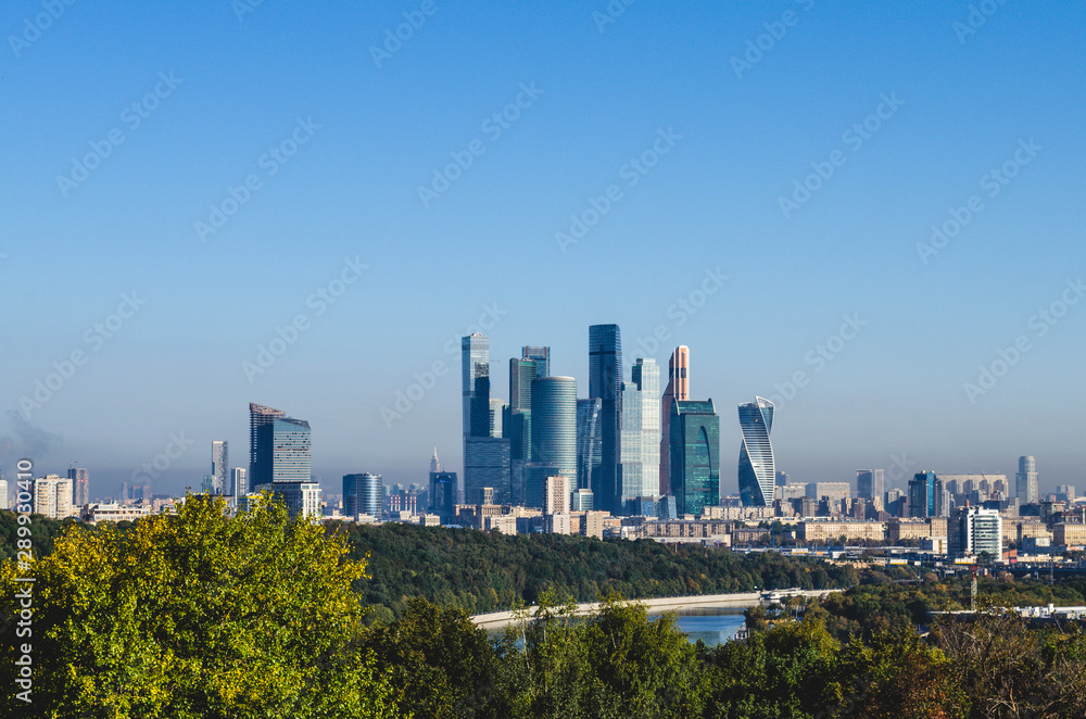 Moscow city. View of the Moscow International Business Center from Vorobyovy Gory, Early autumn. Russia.