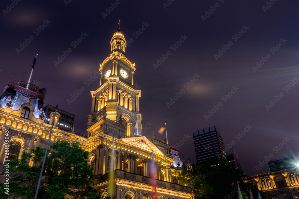Sydney Town Hall at night. Sydney central business district.