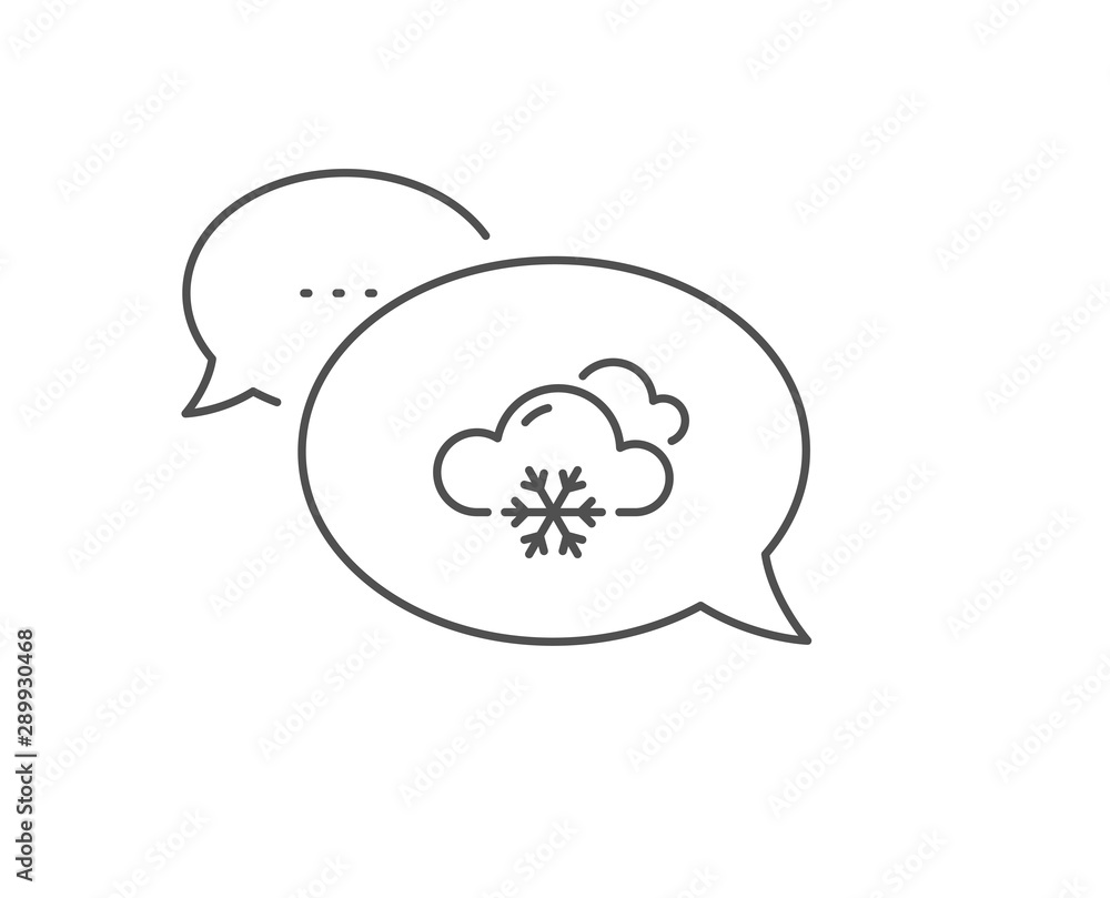 Snow weather forecast line icon. Chat bubble design. Clouds with snowflake sign. Cloudy sky symbol. Outline concept. Thin line snow weather icon. Vector Snow weather forecast line icon. Chat bubble design. Clouds with snowflake sign. Cloudy sky symbol. Outline concept. Thin line snow weather icon. Vector