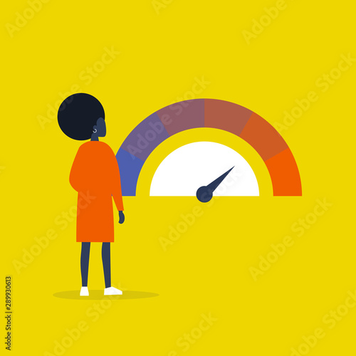 Dashboard. Speed limit. Young black female character looking at the speedometer. Controlling the process. Business concept. Decision making. Flat editable vector illustration, clip art