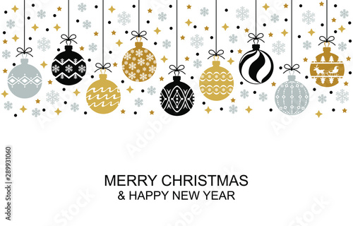 Vector illustrations of Christmas greeting card with balls hanging among confetti