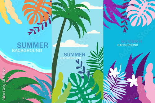 Set summer tropical template backgrounds stories with palms, sky and sunset