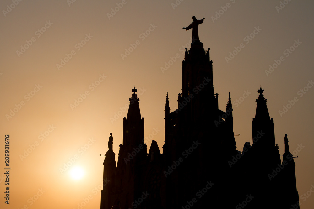 silhouette Temple del Sagrat Cor de Jesus in sunset