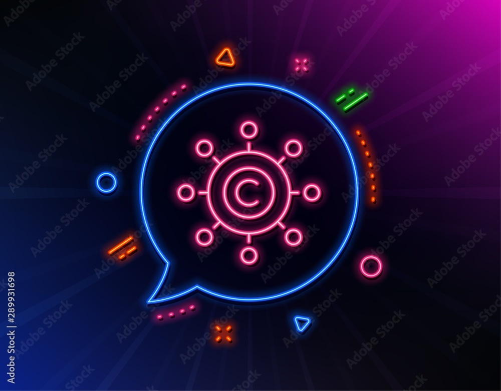 Copywriting network line icon. Neon laser lights. Copyright sign. Content networking symbol. Glow laser speech bubble. Neon lights chat bubble. Banner badge with copywriting network icon. Vector Copywriting network line icon. Neon laser lights. Copyright sign. Content networking symbol. Glow laser speech bubble. Neon lights chat bubble. Banner badge with copywriting network icon. Vector