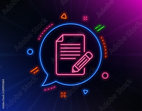 Feedback line icon. Neon laser lights. Page with pencil sign. Copywriting symbol. Glow laser speech bubble. Neon lights chat bubble. Banner badge with article icon. Vector