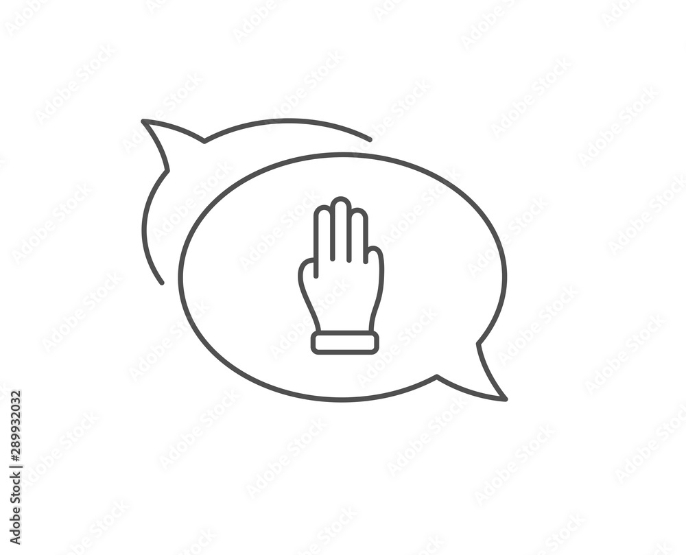 Obraz premium Three fingers hand line icon. Chat bubble design. Click palm sign. Gesture symbol. Outline concept. Thin line three fingers icon. Vector