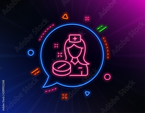 Nurse line icon. Neon laser lights. Medicine drugs sign. Pharmacy medication symbol. Glow laser speech bubble. Neon lights chat bubble. Banner badge with nurse icon. Vector