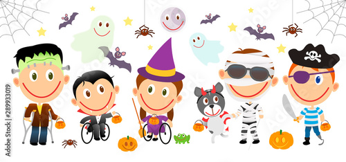Disabled children halloween characters set. Vector group illustration