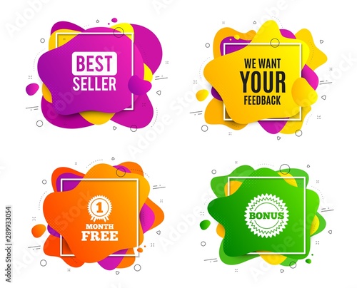 We want your feedback symbol. Liquid shape, various colors. Survey or customer opinion sign. Client comment. Geometric vector banner, square frames. Your feedback text. Gradient shape badge. Vector