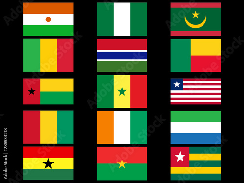 Flags of the 15 West African countries, isolated, black background photo