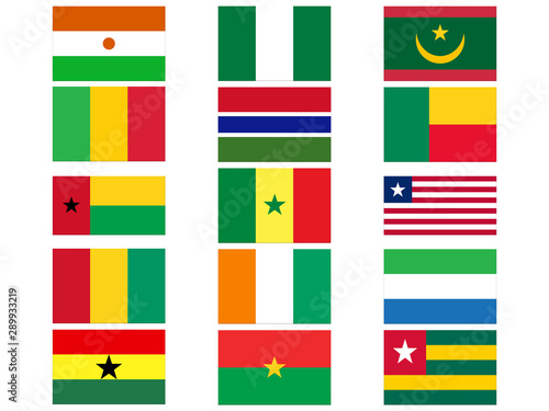 Flags of the 15 West African countries, isolated, white background photo