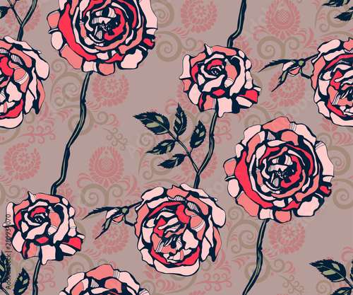Seamless floral pattern with roses hand drawing decorative background. Vector Illustration. Print for textile, cloth, wallpaper, scrapbooking