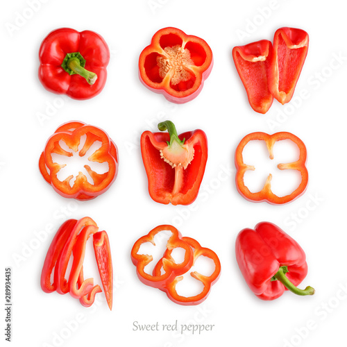 Set of fresh whole and sliced sweet red pepper