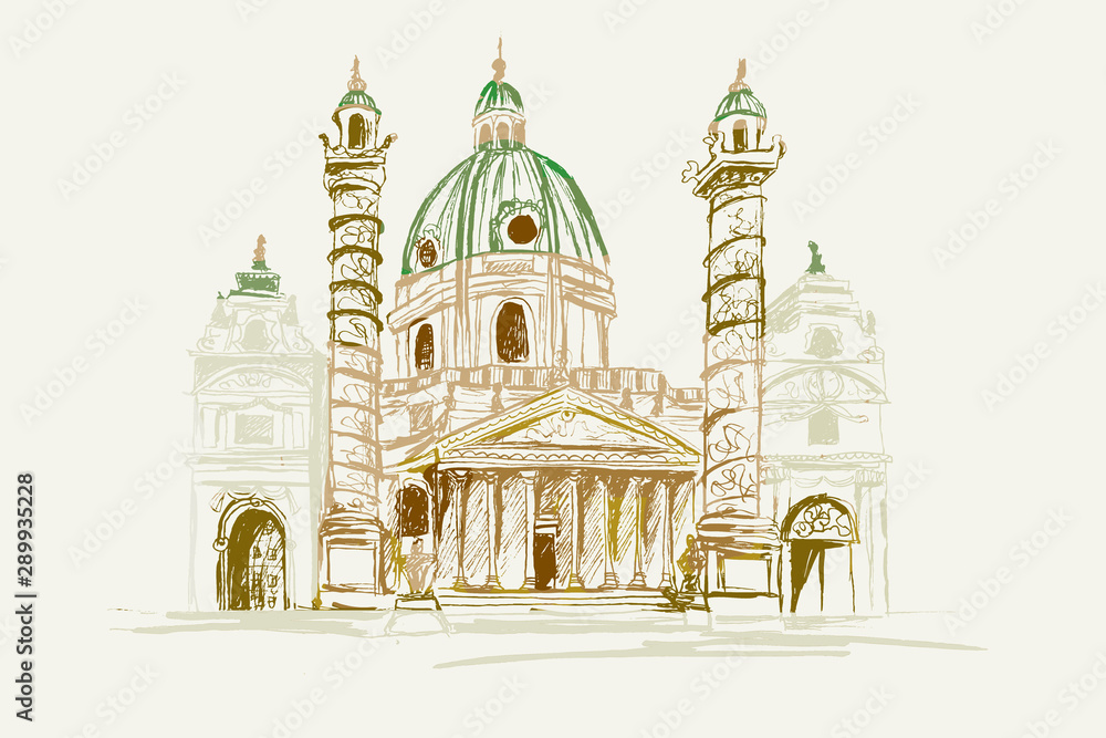 Rysynek ręcznie rysowany. Widok za kościół świetego Boromeusza w Wiedniu w Austrii