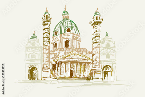 Rysynek ręcznie rysowany. Widok za kościół świetego Boromeusza w Wiedniu w Austrii