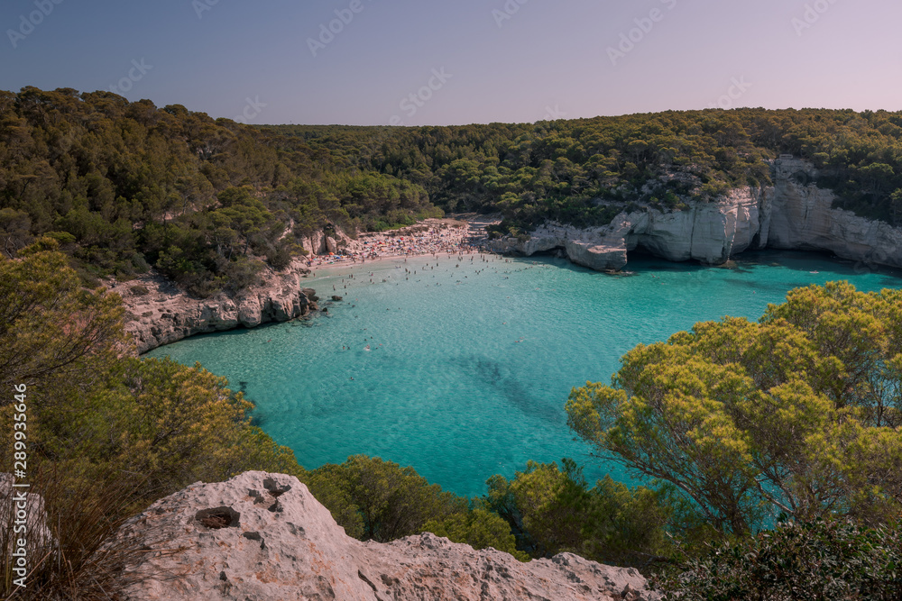 Cala Mitjana and Cala Mitjaneta beaches at the south coast of Menorca Island, Spain.