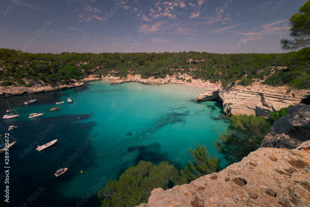 Cala Mitjana and Cala Mitjaneta beaches at the south coast of Menorca Island, Spain.