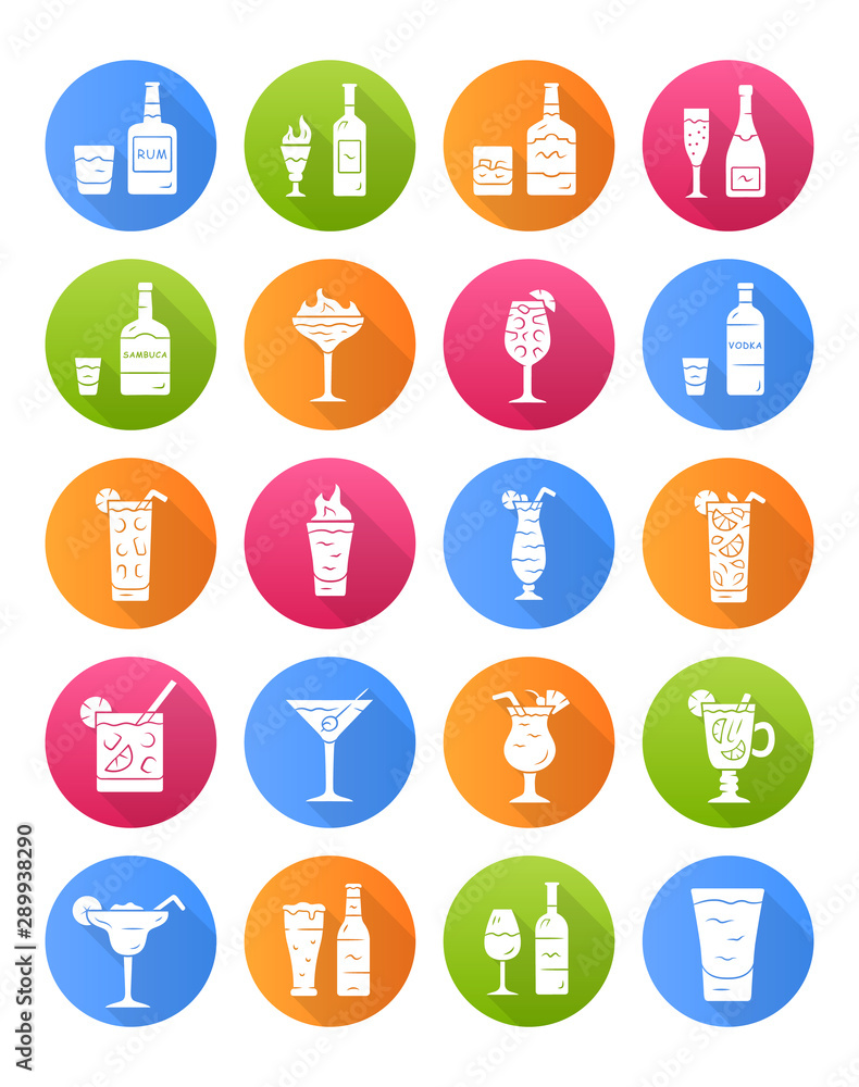 Drinks flat design long shadow glyph icons set. Alcohol menu card. Beverages for cocktails. Whiskey, rum, wine, martini, margarita, absinthe. Spirit containing liquors. Vector silhouette illustration