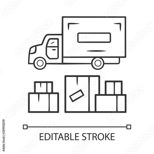Heavy goods delivery linear icon. Cargo shipping lorry. Freight transportation truck. Delivery van. Postal service vehicle. Export and import. Contour symbol. Vector isolated drawing. Editable stroke