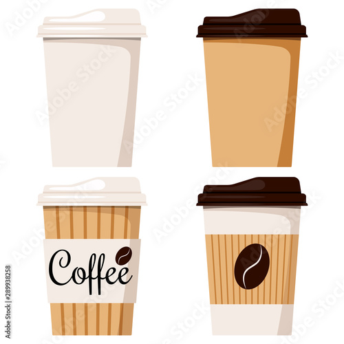 Isolated on white background disposable kraft brown, white paper coffee cup with cap icon set, designed coffee grain.