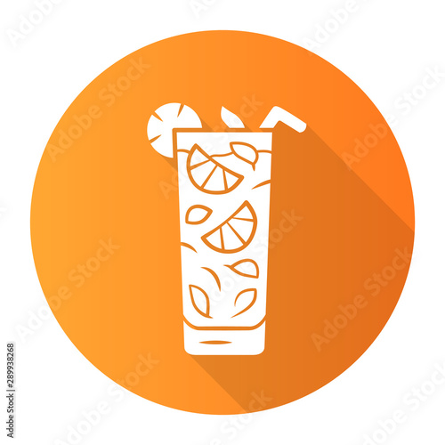 Moxito orange flat design long shadow glyph icon. Mojito cocktail in highball glass slice of citrus and straw. Mixed Refreshing alcohol drink with mint and lemon. Vector silhouette illustration