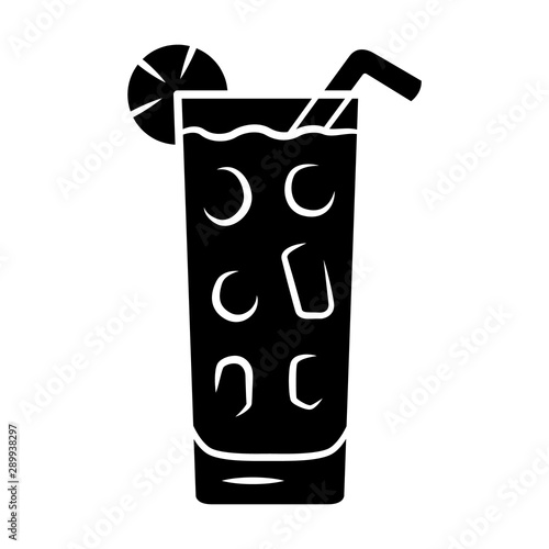 Cocktail in highball glass glyph icon. Summer icy refreshing soft drink with slice of lemon and straw. Gin and tonic. Silhouette symbol. Negative space. Vector isolated illustration