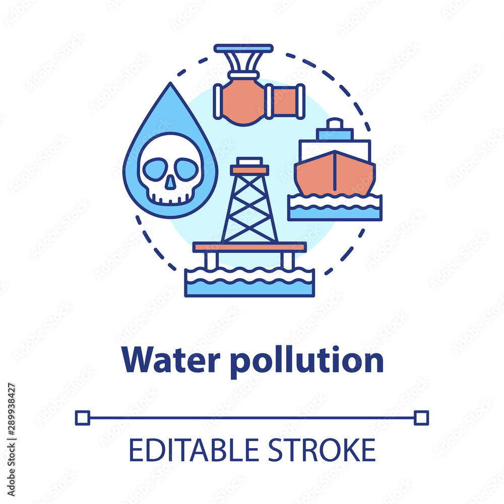 Water pollution concept icon. High seas waste contamination idea thin line illustration. Ecological water problems and disaster prevention. Vector isolated outline drawing. Editable stroke