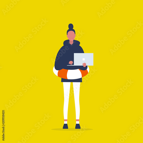 Business insurance solutions. Young female character wearing a life buoy. Safety concept. Flat editable vector illustration, clip art