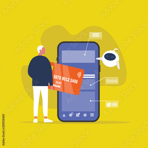 Finance and new technology. Cute white robot demonstrating the interface of online banking application. Millennial lifestyle. Mobile wireless payment system. Flat editable vector illustration