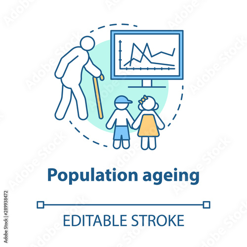 Population ageing concept icon. elderly people number increasing on planet idea thin line illustration. Demographic problems with lack of youth. Vector isolated outline drawing. Editable stroke