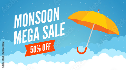 Monsoon sale offer rain season background. Rainy monsoon promotion poster template