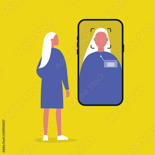 Face recognition technology. Access and safety. Identification. Scan. Software. Millennial lifestyle. Young female character looking at the mobile phone camera. Flat editable vector illustration